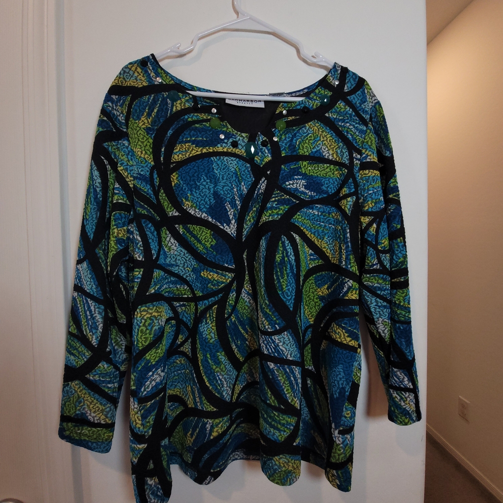 Sag Harbor Graphic Blue Green Embellished Blouse